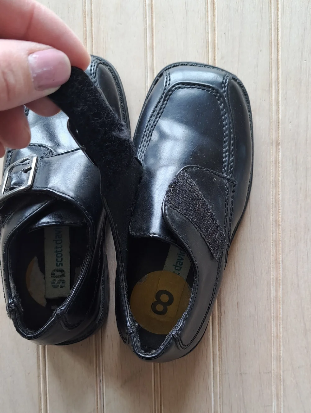 Scott David Formal Boy Blk Square Toe Dress Shoes Velcro Strap Silver Buckle